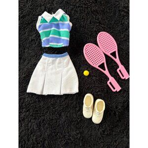 Barbie Doll Tennis Outfit Accessories Striped Top White Skirt Shoes Pink Rackets